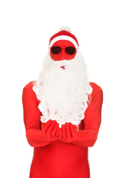 Santa i latex kläder med öppna händer — Stockfoto