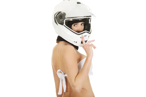 Motosiklet kask ile seksi kadın. — Stok fotoğraf