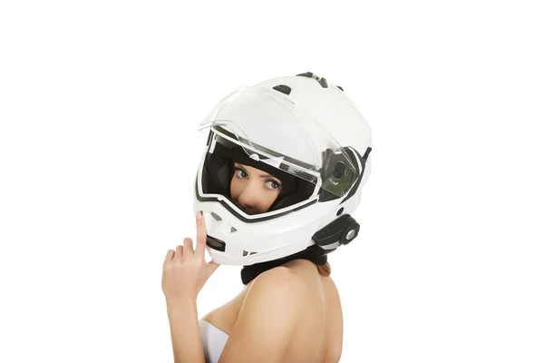 Mulher sexy com capacete de motocicleta . — Fotografia de Stock