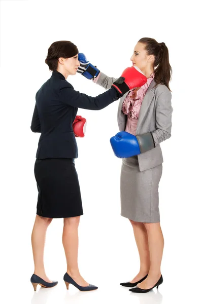 Twee zakelijke vrouwen met bokshandschoenen vechten. — Stockfoto