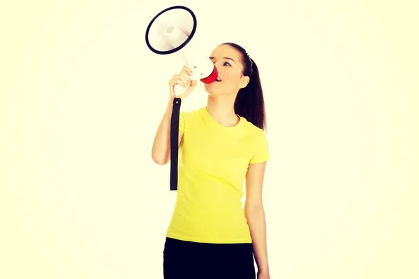 Mulher atraente com megafone . — Fotografia de Stock