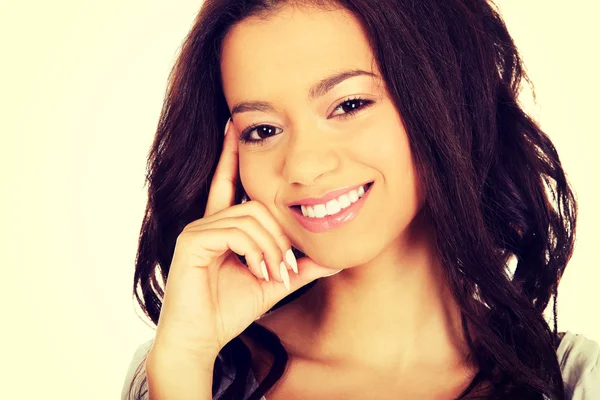 Mujer sonriente dentada pensativa . —  Fotos de Stock