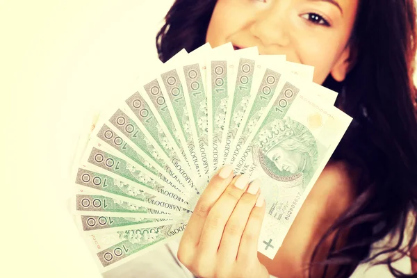 African woman holding polish money. — Stock Photo, Image