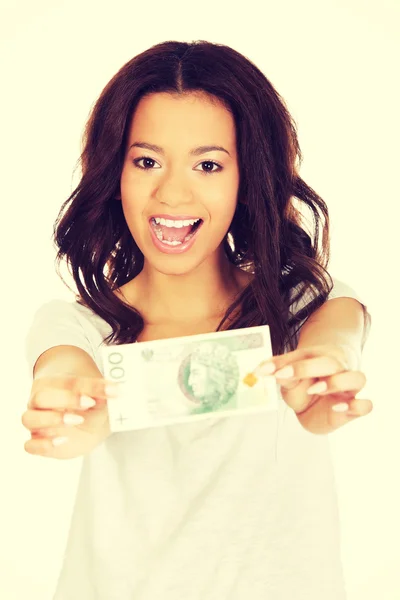 African woman holding polish bill. — Stock Photo, Image