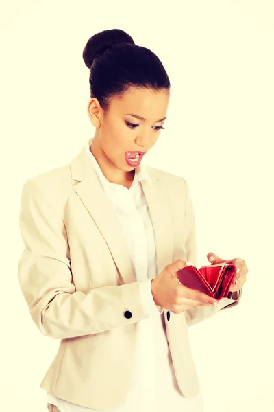 Shocked businesswoman with wallet. — Stock Photo, Image