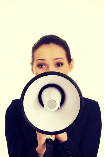 Empresária com um megafone . — Fotografia de Stock