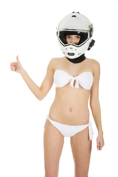 Woman in motorcycle helmet with thumbs up. — Stock Photo, Image