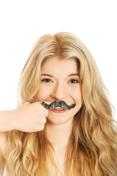 Blonde student with mustache looking at camera — Stock Photo, Image