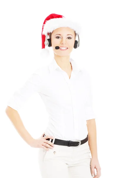 Call center woman with red Christmas hat — Stock Photo, Image