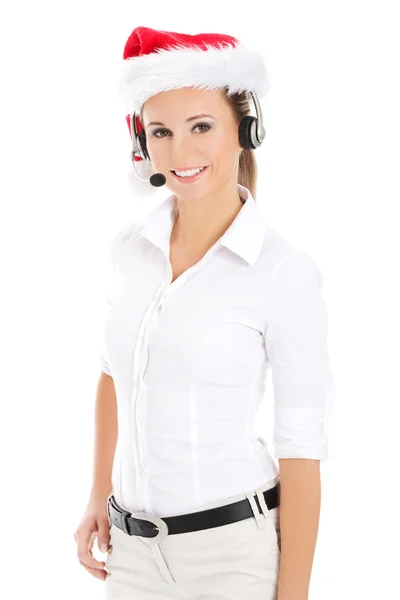 Call center mulher com chapéu de Natal vermelho — Fotografia de Stock