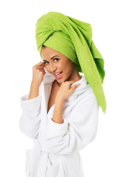 Happy woman in bathrobe — Stock Photo, Image