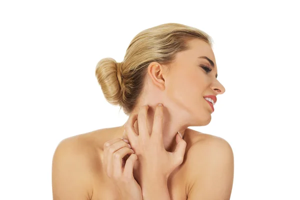 Young woman with touching her throat. — Stock Photo, Image