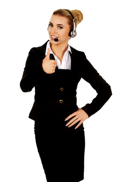 Happy businesswoman shows OK sign — Stock Photo, Image