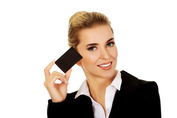 Beautiful smiling businesswoman with business card — Stock Photo, Image