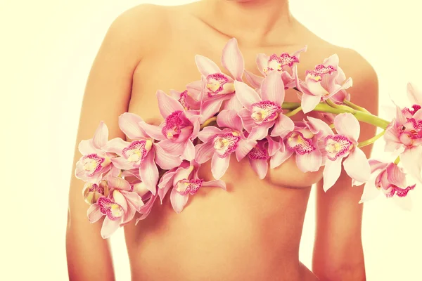 Mujer cubriendo pecho con flor . — Foto de Stock