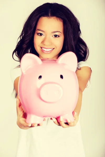Young woman with money box — Stock Photo, Image