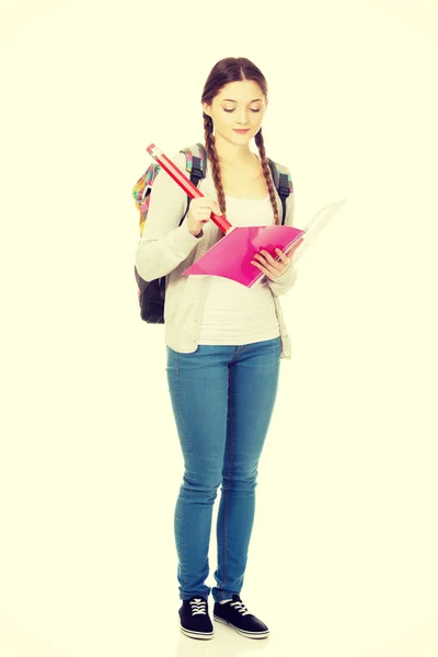 Mulher adolescente escrevendo com lápis enorme . — Fotografia de Stock