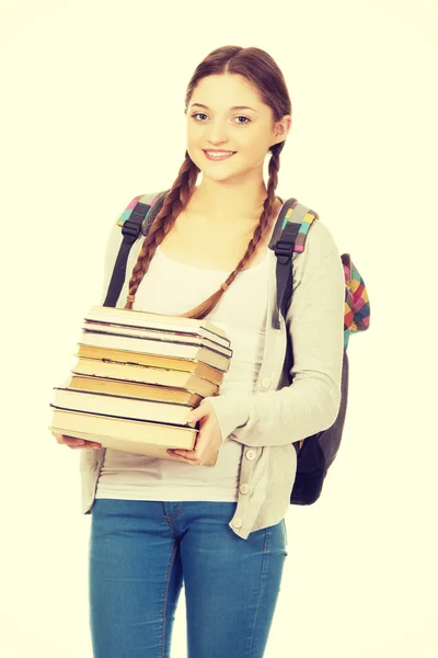 Bella adolescente con zaino e libri . — Foto Stock