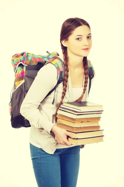 Bella adolescente con zaino e libri . — Foto Stock