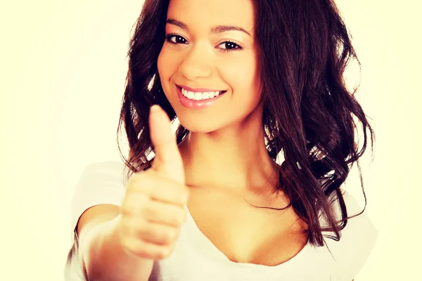 Mulher feliz com polegares para cima . — Fotografia de Stock