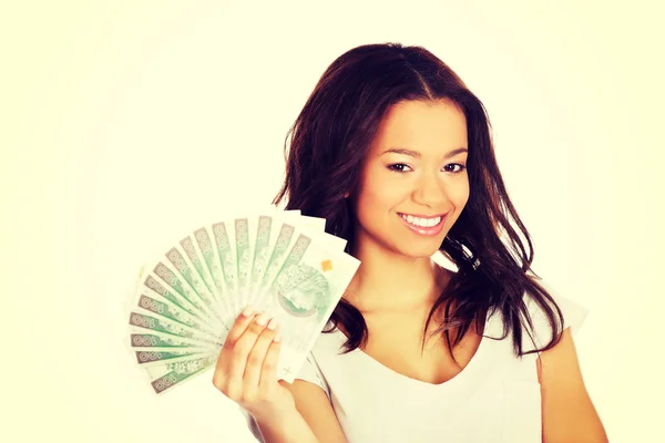 African woman holding polish money. — Stock Photo, Image