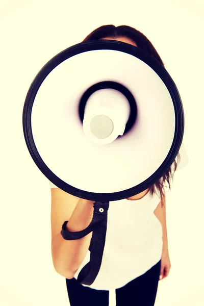 Mulher atraente com megafone . — Fotografia de Stock