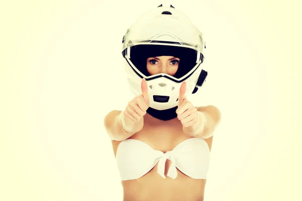 Woman in motorcycle helmet with thumbs up. — Stock Photo, Image