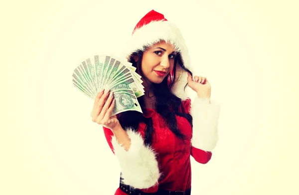 Santa nő tartja a lengyel pénz klip — Stock Fotó