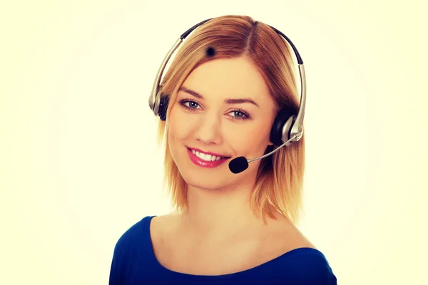 Glada leende telefon operatör i headset. — Stockfoto