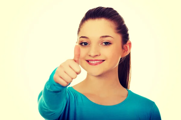 Szczęśliwy kobiet student Wyświetlono kciuk w. — Zdjęcie stockowe