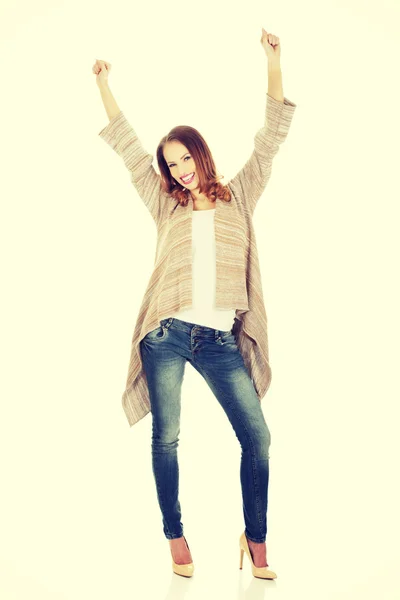 Mujer feliz con las manos arriba . — Foto de Stock