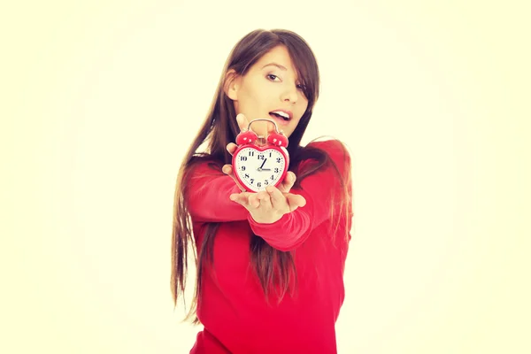 Happy woman with alarm clock. — Stock Photo, Image