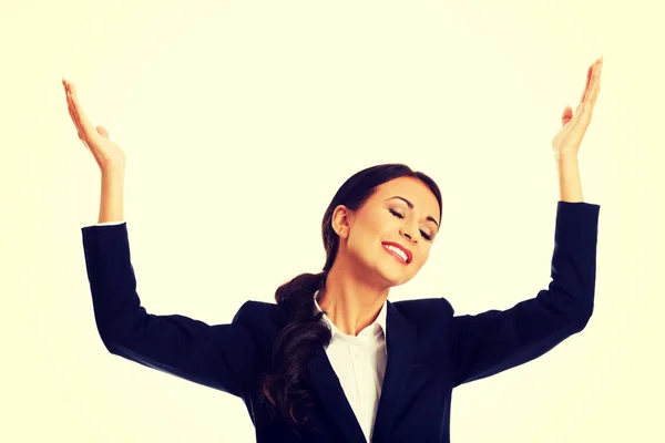 Portrait of businesswoman holding copyspace — Stock Photo, Image