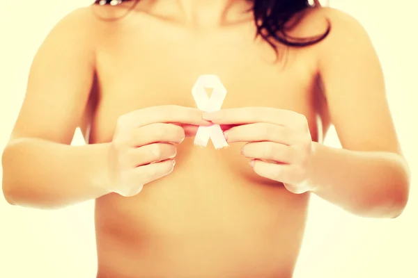 Topless woman with pink ribbon. — Stock Photo, Image