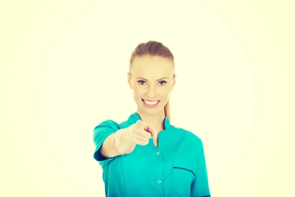 Female doctor pointing on you. — Stock Photo, Image