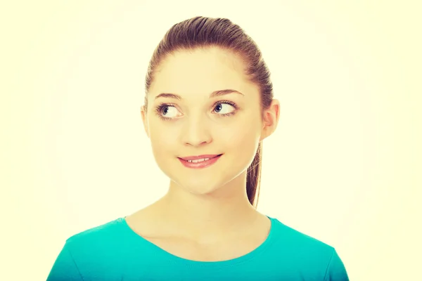 Beautiful thoughtful woman looking up. — Stock Photo, Image