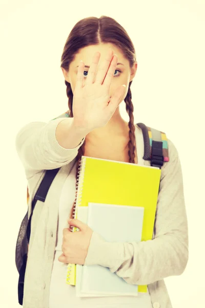 Teenager Mädchen Rucksack machen Stop-Geste. — Stockfoto