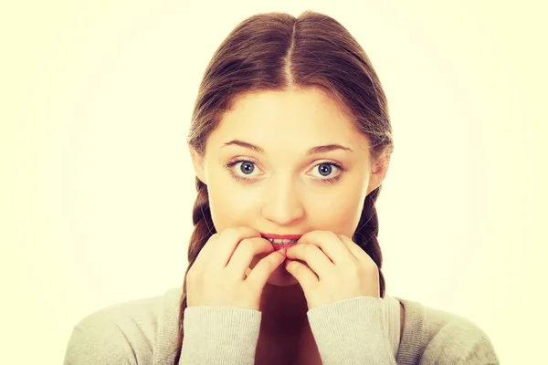 Nervous pensive woman biting nails. — Stock Photo, Image