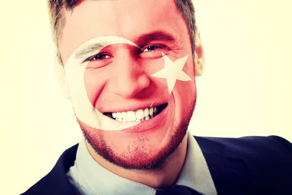 Törökország zászló arcán boldog ember. — Stock Fotó