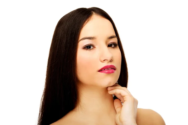 Sensual woman with make up touching neck. — Stock Photo, Image