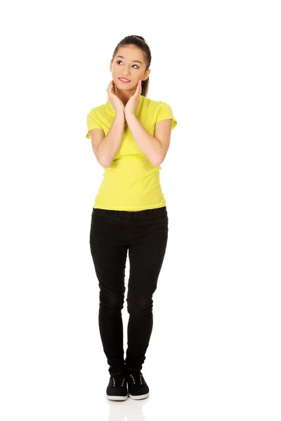 Friendly smiling woman looking up. — Stock Photo, Image