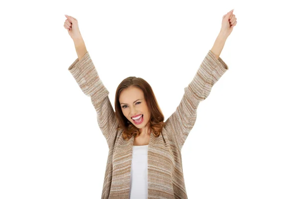 Mujer feliz con las manos arriba . — Foto de Stock