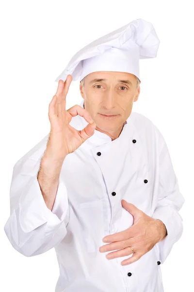 Szef kuchni w biały kapelusz idealny znak — Zdjęcie stockowe