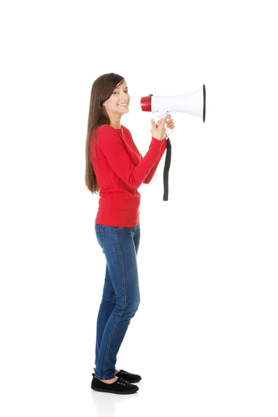 Mulher atraente com megafone . — Fotografia de Stock