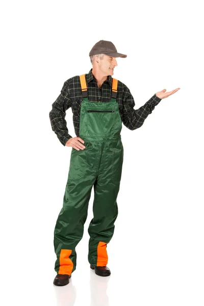 Gardener in uniform showing space on the left — Stock Photo, Image