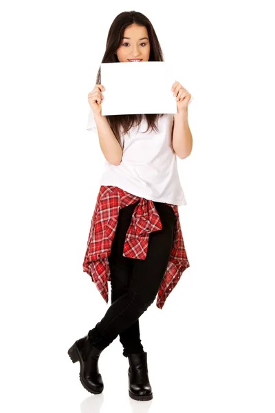 Young happy woman with blank board. — Stock Photo, Image