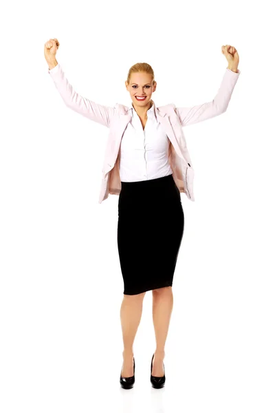 Joven mujer de negocios feliz con los brazos arriba —  Fotos de Stock