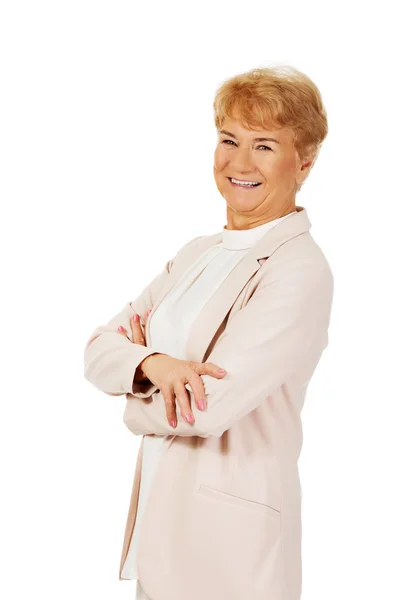 Smile senior woman with folded hands — Stock Photo, Image