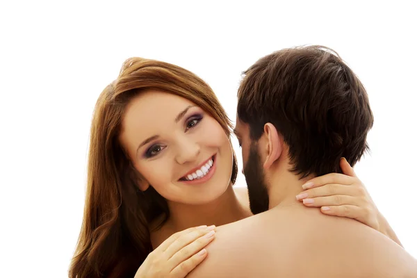 Чоловік робить вигляд, що цілує жіночу шию . — стокове фото