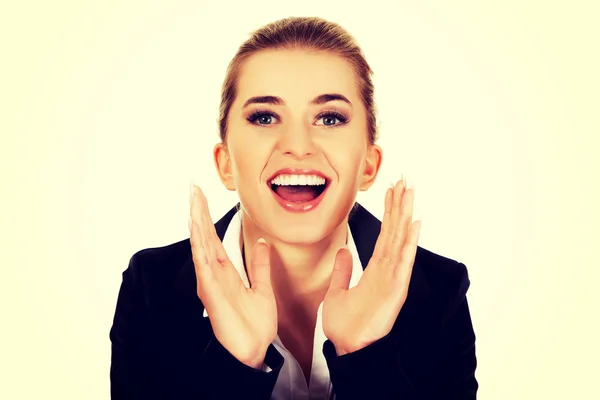Young happy buisnesswoman screaming. — Stock Photo, Image
